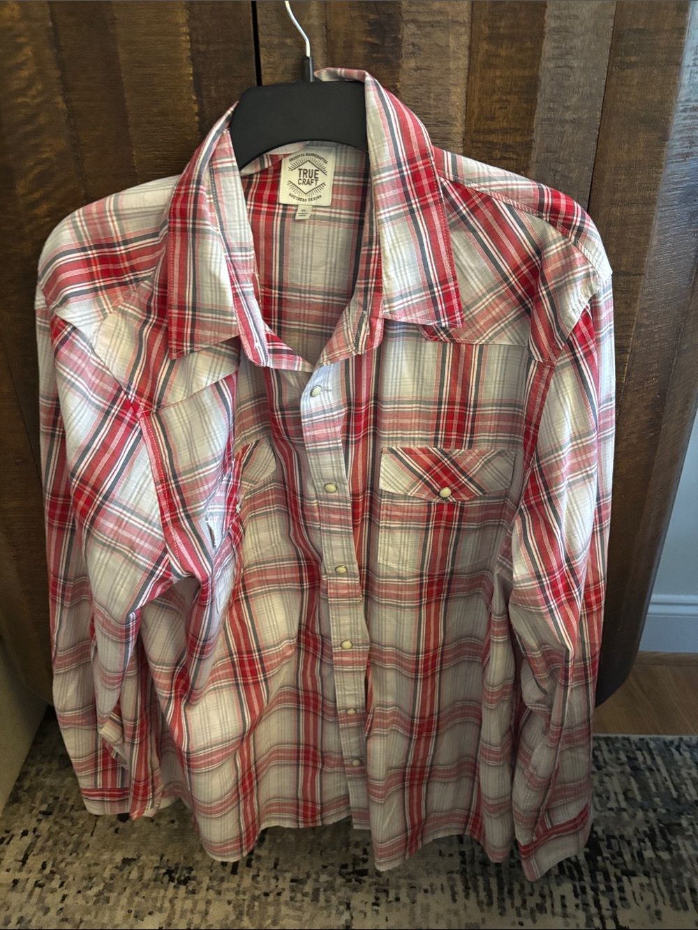 True Craft Red and White Plaid Long Sleeve Pearl Snap Shirt